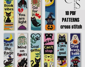 Set of 10 PDF Cross Stitch Bookmark Patterns "Cute cats". Set of cross stitch patterns bookmarks with cute cats. Cross stitch bookmark pdf.