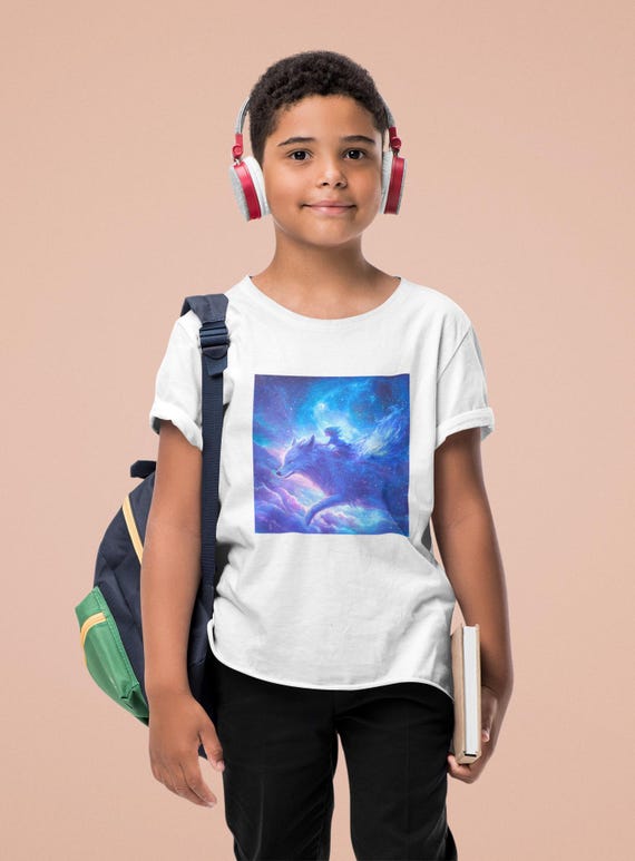 Cosmic Wolf Rider Kids T-shirt, Galaxy Wolf Fantasy Tee, Magical