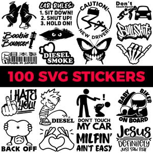 100 Car Stickers, SVG Files, Decal Pack, Auto Graphics Design Bundle, SVG Bundle, Car Decals, PNG transparent