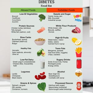 Diabetes Food List & Meal Plan |Allowed and Forbidden Foods Chart + Grocery List|Easy Diabetic Diet Printable PDF Guide |7 Day Meal