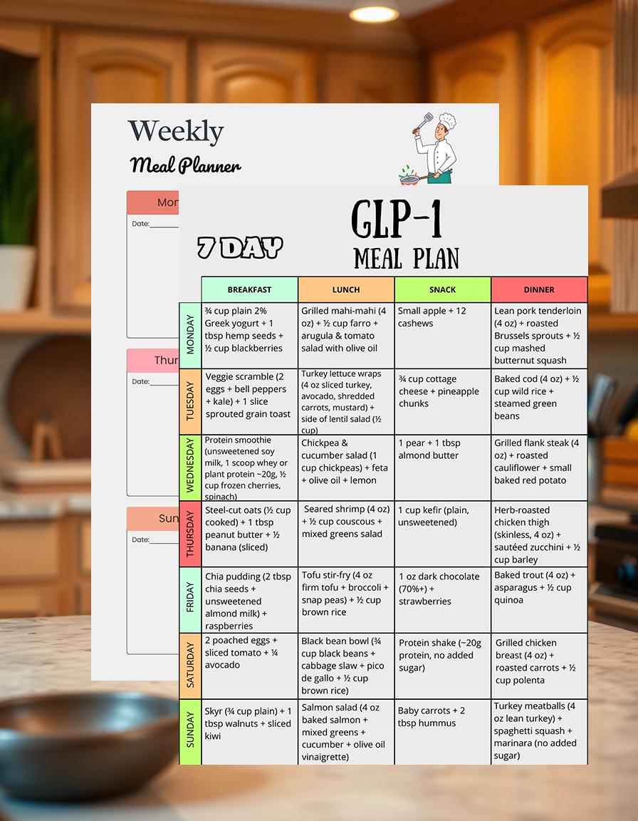 7-Day GLP-1 Meal Plan, Semaglutide Diet Menu, High Protein Weight Loss Plan, Tirzepatide Nutrition Guide, Weekly Meal Planner Printable PDF