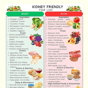 May include: A printable "Kidney Friendly Food List" with "Enjoy" and "Avoid" sections. The "Enjoy" section lists vegetables, fruits, protein, grains, dairy, and snacks. The "Avoid" section lists vegetables, fruits, protein, grains, and high-sodium foods.