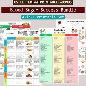 Peut inclure: Un ensemble imprimable 4-en-1 pour la réussite de la glycémie, comprenant une liste d'aliments pour le diabète, un plan de repas de 7 jours et un tableau des aliments pour le diabète. Comprend une liste d'épicerie.