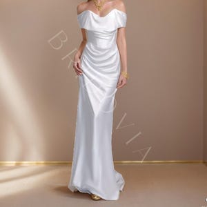 Elegant Off Shoulder Wedding Gown – White A-Line Silhouette with Draped Bodice for Modern, Minimalist, Classic Brides & Formal Ceremonies