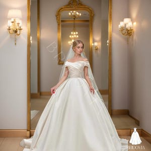 Satin Ball Gown Wedding Dress: Off-Shoulder Corset Bodice & Elegant Train
