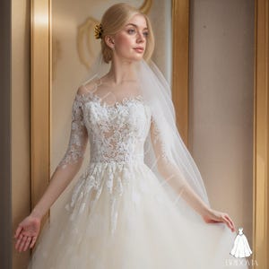 Illusion Sleeve Wedding Dress Sheer Lace Long Bodice Elegant