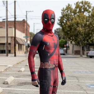 Può includere: Un costume integrale di Deadpool composto da una tuta in spandex rossa e nera con maschera abbinata. La tuta presenta dettagli stampati di una cintura multiuso con tasche, cinghie nere sul petto e inserti neri sulle braccia e sulle gambe.