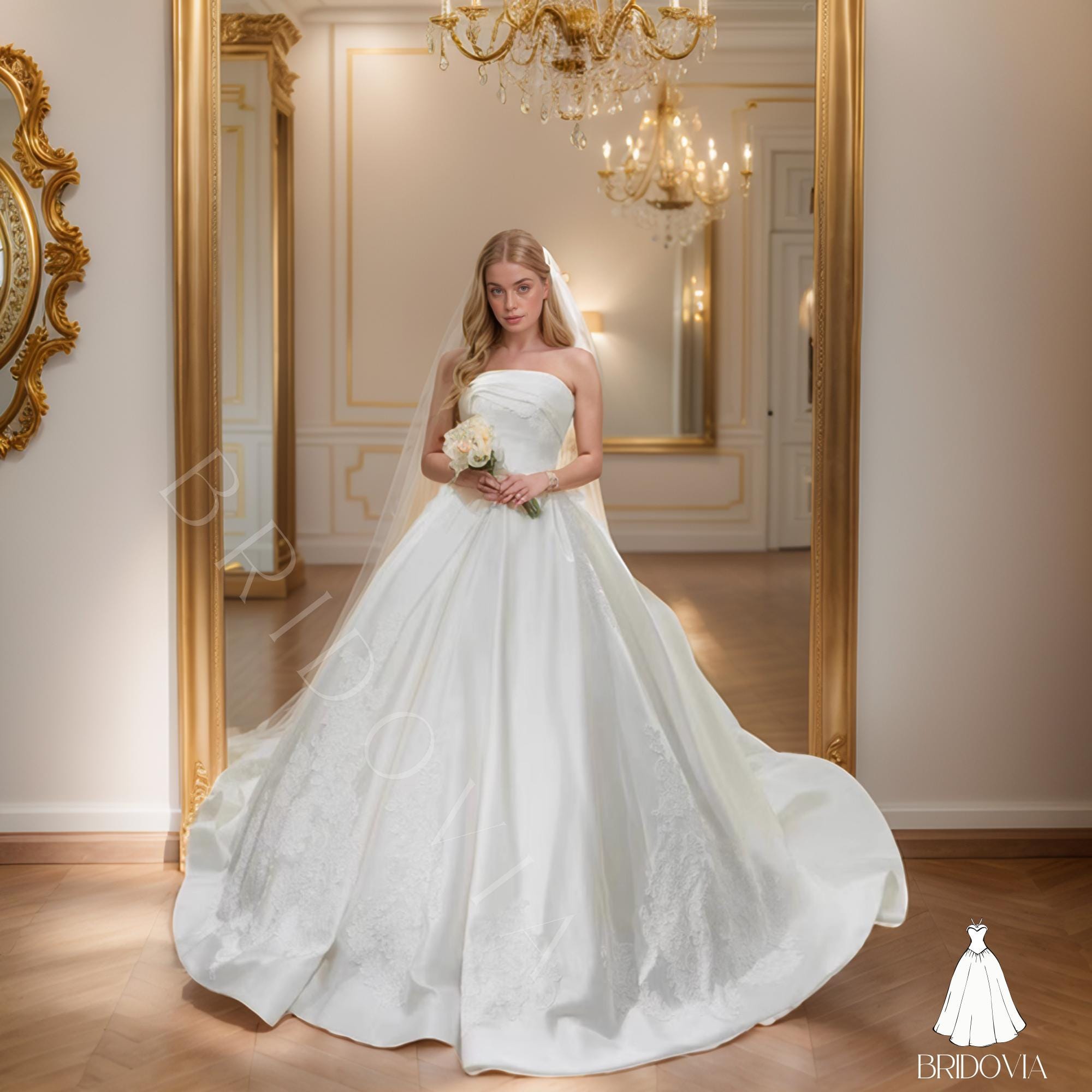 Luxury Satin Ball Gown Wedding Dress: Handmade Strapless Princess Bridal Gown