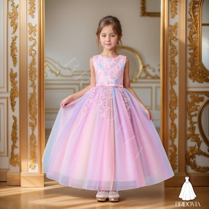Pink Mesh Tulle Flower Girl Dress - Elegant Princess Gown for Girls with Full Layered Skirt, Wedding Birthday Party Outfit Toddler to Teen