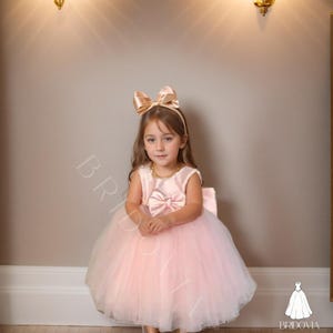Blush Pink Flower Girl Dress – Satin Tulle Toddler Gown with Big Bow, Puffy Princess Birthday Outfit, Baby Girl Formal Party Dress
