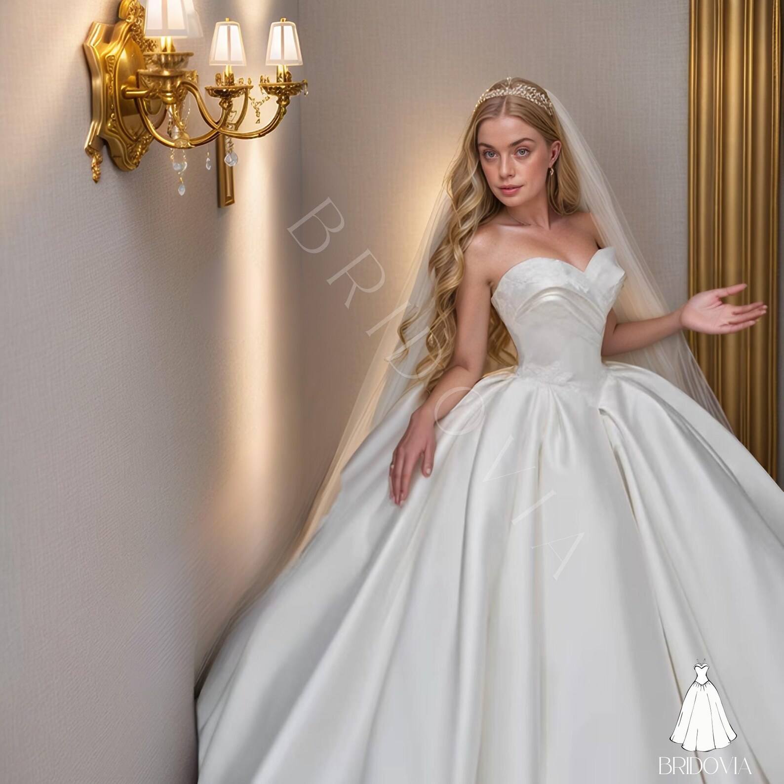 Princess Ball Gown Strapless Tiered Satin Lace Beaded Long Prom Dress, Evening Dress C6164