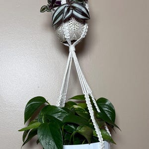 May include: A two-tier white macrame plant hanger featuring a top section holding a small patterned pot with a striped plant and a bottom section holding a larger white ribbed pot containing a green leafy plant, suspended from a wooden ring.
