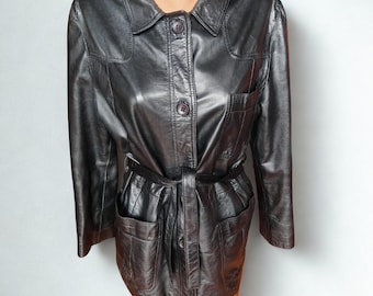 Vintage Italian Black Genuine Leather Trench Coat: Tailored Belted Jacket EUR 42