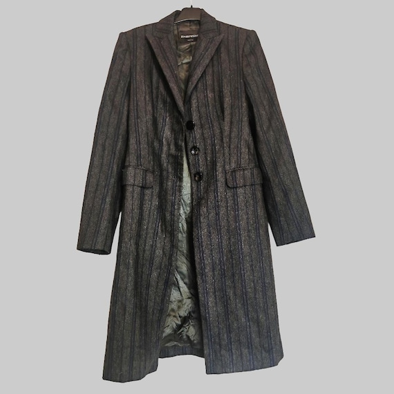 Emporio Armani, Vintage Emporio Armani Virgin Wool Coat: Striped Grey Navy, IT44