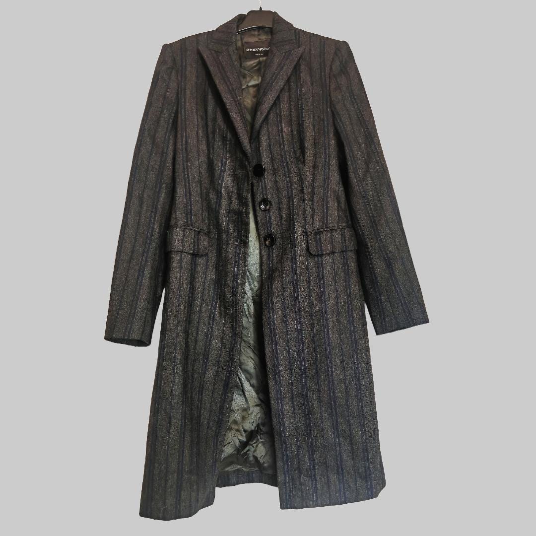 Emporio Armani, Vintage Emporio Armani Virgin Wool Coat: Striped Grey Navy, IT44