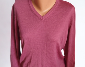 Vintage Peter Hahn Women's Tasmanian Wool pink V-neck jumper UK 14 EUR 42 Timeless Minimalist Preppy
