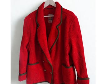 Vintage Herzer 90s Women's Red Marl Boiled Wool Tyrolean Folklore Riding Jacket with Green Piping Trim size 42 Equestrian