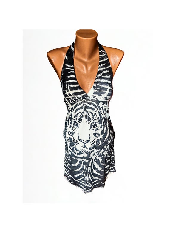 Y2K Halter Neck Backless Cut Out Dress With Black and White Zebra Pattern  With a Large Stylized Tiger Face Size M Stretchy - Etsy New Zealand