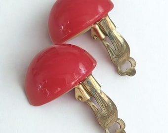 Vintage W. Germany Retro Red Dome Clip-on Earrings with Gold-tone Hardware 70s Disco