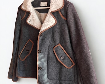 Vintage Unit Grey Short Unisex Wool Blend Sherpa Lined Jacket Size L
