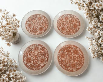 Set of 4 Vintage 1970s Speckled Ironstone Side / Dessert Plates made by Biltons in Staffordshire, England, Brown Floral Medallion Design