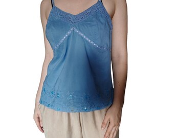 Y2K Crochet Embroidered Cami Top: Beaded Baby Blue, Size L
