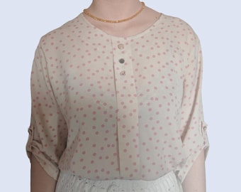Light Beige Eleganza Vintage Blouse Features Small Pink Polka Dots and Roll Up sleeves, L-XL