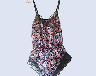 Vintage 90s Sexy Women's Floral Print Bodysuit Romper Whimsygoth Gothic Fairy Vibes size S-M