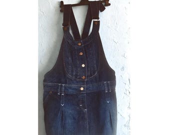 Y2K Blue Denim Overalls Dress: Pleated Mini Skirt Dungaree (XL)