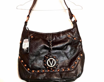 Vintage Valentino Embellished Studded Hobo Purse: Brown Patent Leather, Copper Hardware