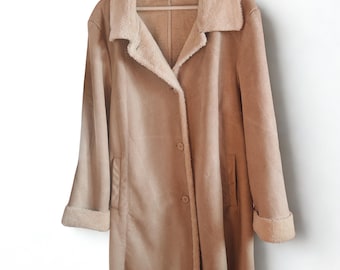 Vintage HI-BUXTER Tan Washable Suede Leather Faux Fur Shearling Coat size EUR 44
