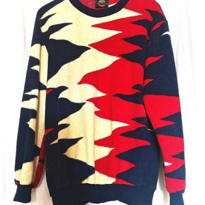 Unique Vintage 80s Joey Fresco Unisex Sweater Jumper Sweatshirt size L Red Blue Cream Zigzag Abstract Print made in Italy Rare