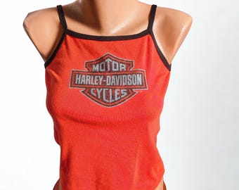 Vintage Harley Davidson - Débardeur court motard orange grunge Streetwear pour femmes L Moto Festival