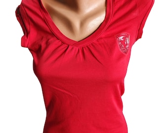 2000s Puma Ferrari Collab Womens Red Tee F1 Racing Motorsport Logo Apparel UK 8