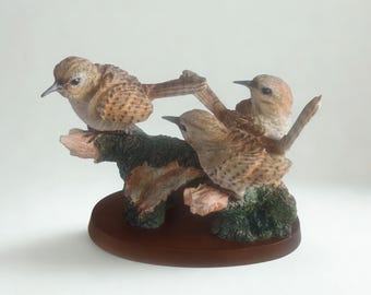 Vintage Collectible Figurine Depicting Three Wrens Perched on a Branch Crafted from Hand-painted Resin
