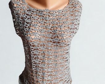 Handmade Open Knit Mesh Crochet Short Sleeve Top size S-M