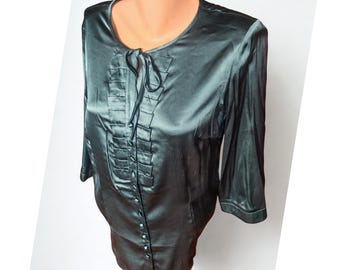 Vintage Smaragdgrüne Seidenbluse: Krawatte mit Falten, 3/4 Ärmel Gr. 40