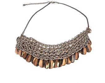 Vintage Oasis Brass Tone Statement Bib Tassel Necklace Layered Fish-scale-like Discs Collar