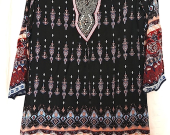Vintage Bestickte Viskose Tunika Top: Boho Perlen V-Ausschnitt Bluse - Größe S