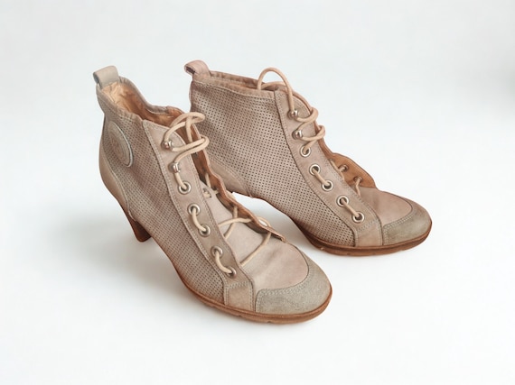 Vintage Paul Green Suede Ankle Boots, Lace-up Tapered Heel, Size 5