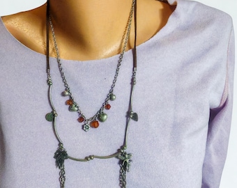 Vintage Bohemian Layered Charm Multi-strand Necklace with an Angel pendant, Leaf and Heart Charms, Dangling beads