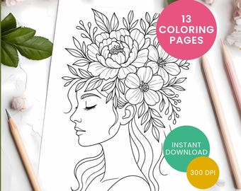 Botanical Female Portrait Coloring Pages – 13 Printable Line-Art Sheets for Mindful Art Therapy