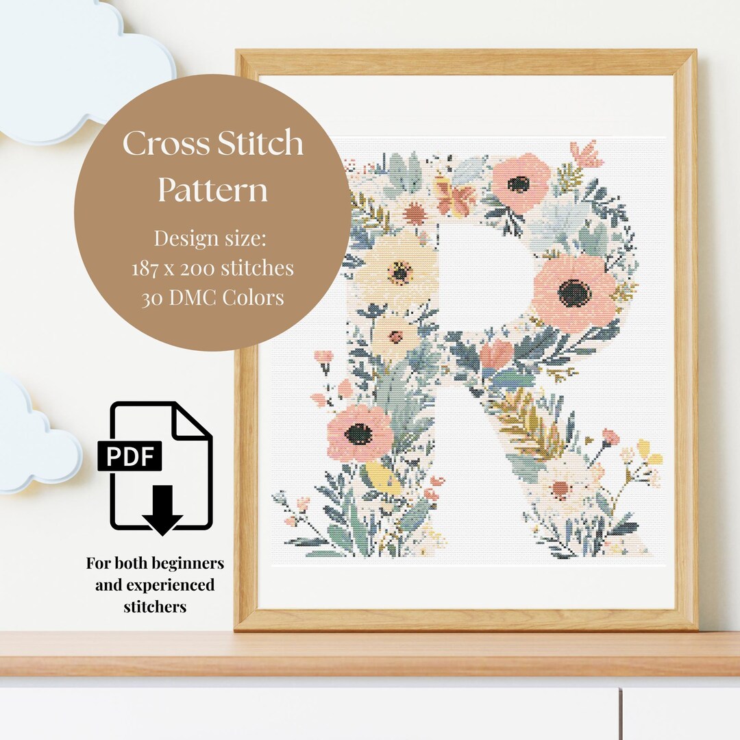 Cross Stitch Pattern Letter R, Floral Alphabet Monogram PDF, Botanical ...