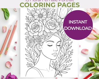 Floral Woman Portrait Coloring Page: Art Therapy Printable Kit (PDF Download, 13 Sheets)