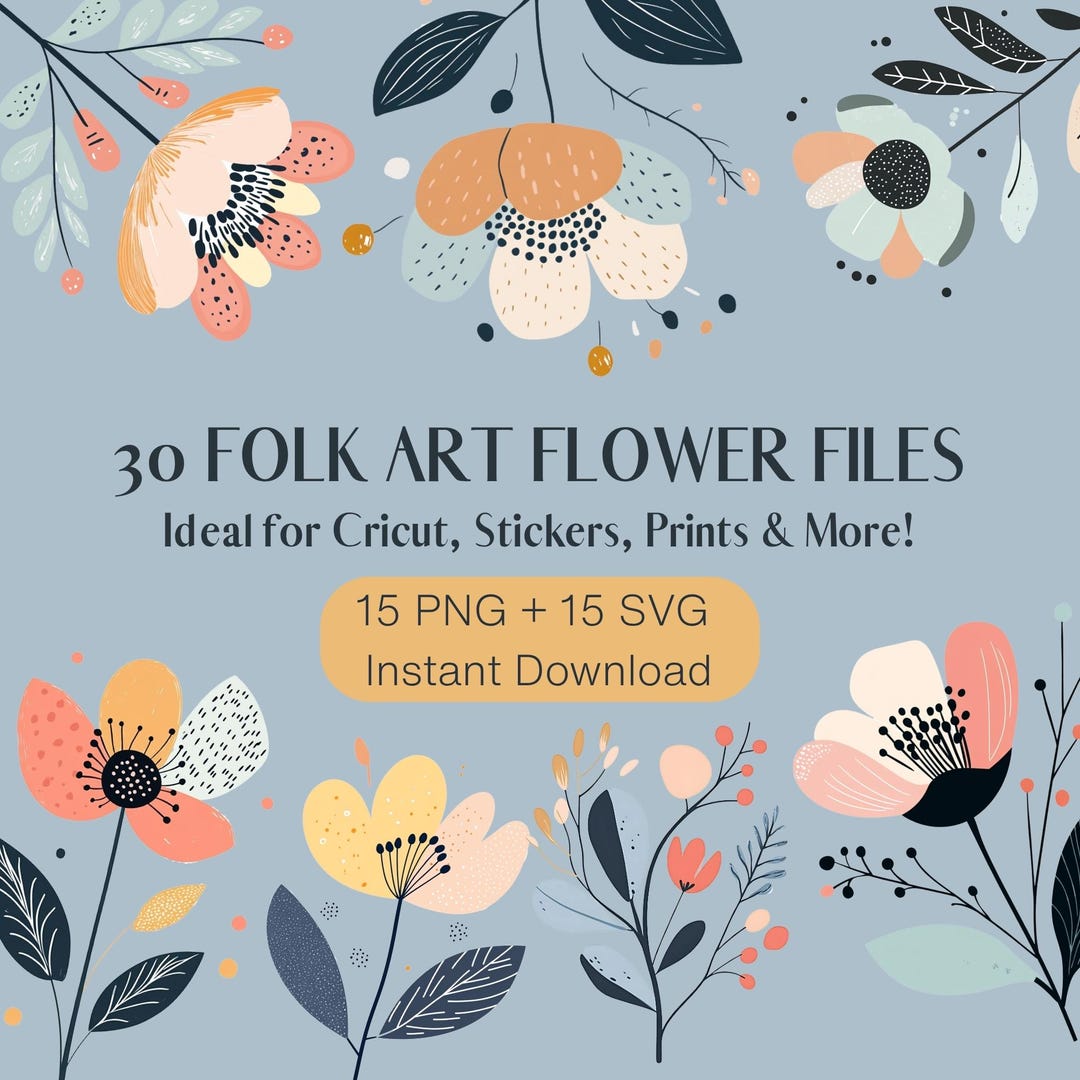 Boho Floral Clipart Bundle: 30 Folk Flower SVG & PNG Files (digital ...