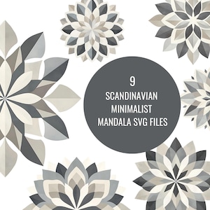 Puede incluir: Nueve archivos SVG de mandalas minimalistas escandinavos. Los mandalas son geométricos y presentan una gama de colores grises y beige.