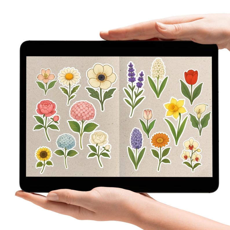 Tablet mockup displaying full set of 18 Studio Ghibli-inspired flower stickers arranged on a kraft paper-style background. Includes colorful digital florals in high-resolution PNG/SVG, perfect for crafts, digital planners, or printable stickers.