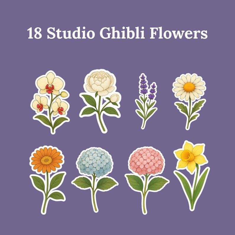 Digital sticker set featuring 18 Studio Ghibli-inspired flower illustrations in soft watercolor tones. Includes daffodil, orchid, hydrangea, lavender, and more—perfect for Cricut projects, bullet journals, and whimsical nature-themed crafts.