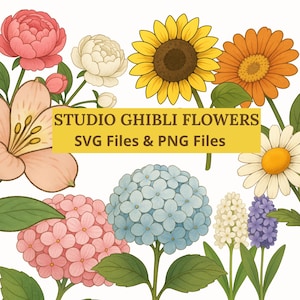 Puede incluir: Una colección de flores coloridas, incluyendo una hortensia rosa, una hortensia azul, una margarita blanca, un girasol amarillo, una flor naranja, una flor rosa y una flor blanca con un centro amarillo. Las flores están dispuestas en un estilo caprichoso, que recuerda a la animación de Studio Ghibli.