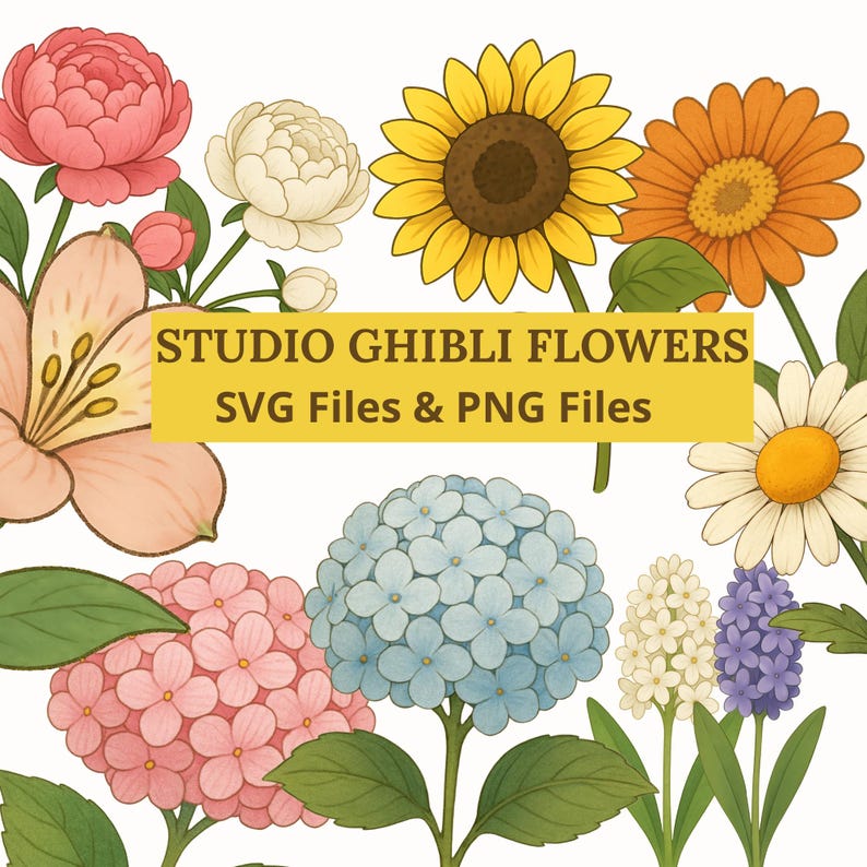 Vibrant close-up of Studio Ghibli-inspired floral illustrations, including sunflower, peony, hydrangea, and daisy. Designed as SVG and PNG files for whimsical creative projects, sticker making, and colorful handmade décor.